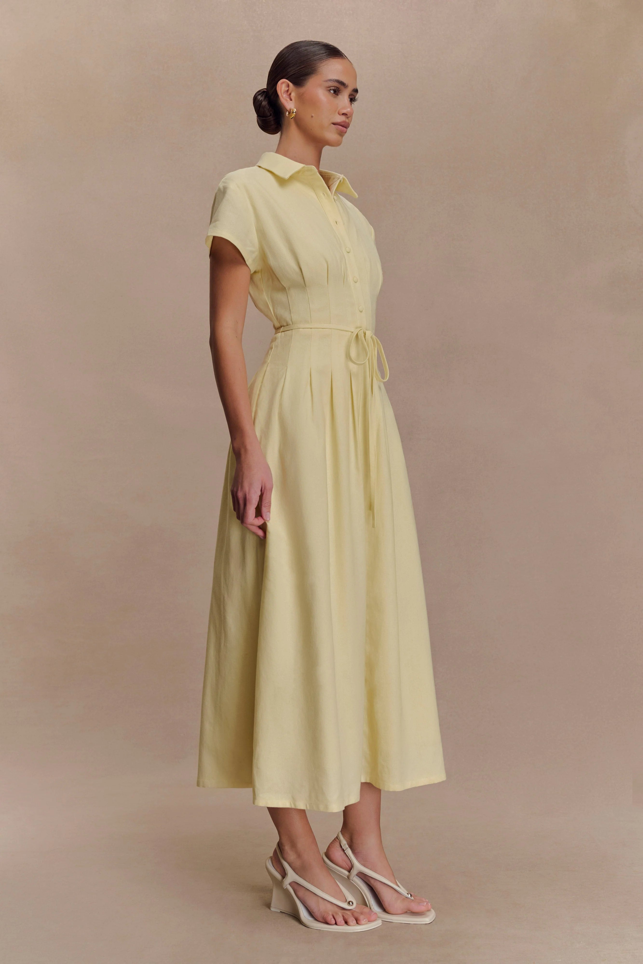 Aysha Buttoned Linen Midi Dress - Lemon