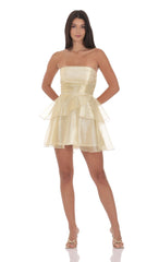 Petal Ruffle Strapless Dress in Gold