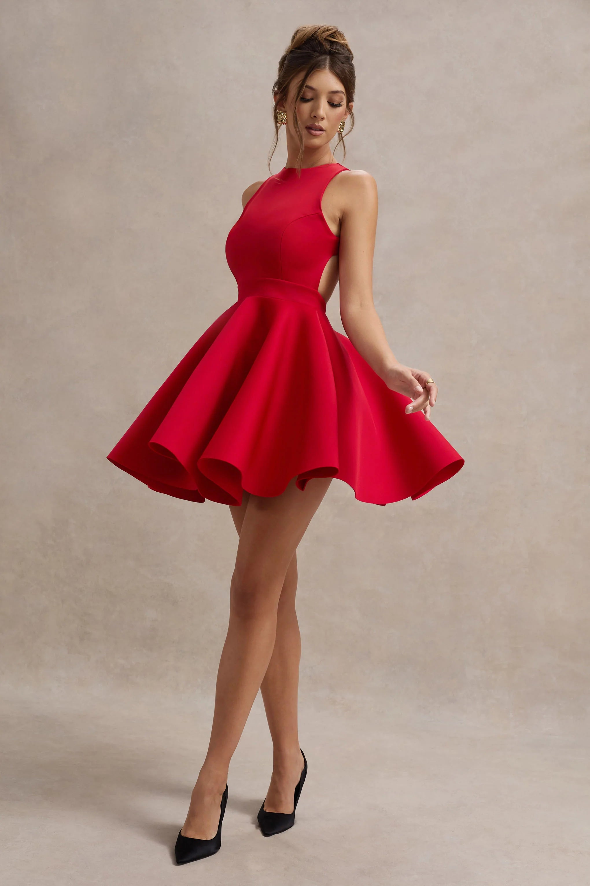 Waverly | Red Racer-Neck Sleeveless Skater Mini Dress