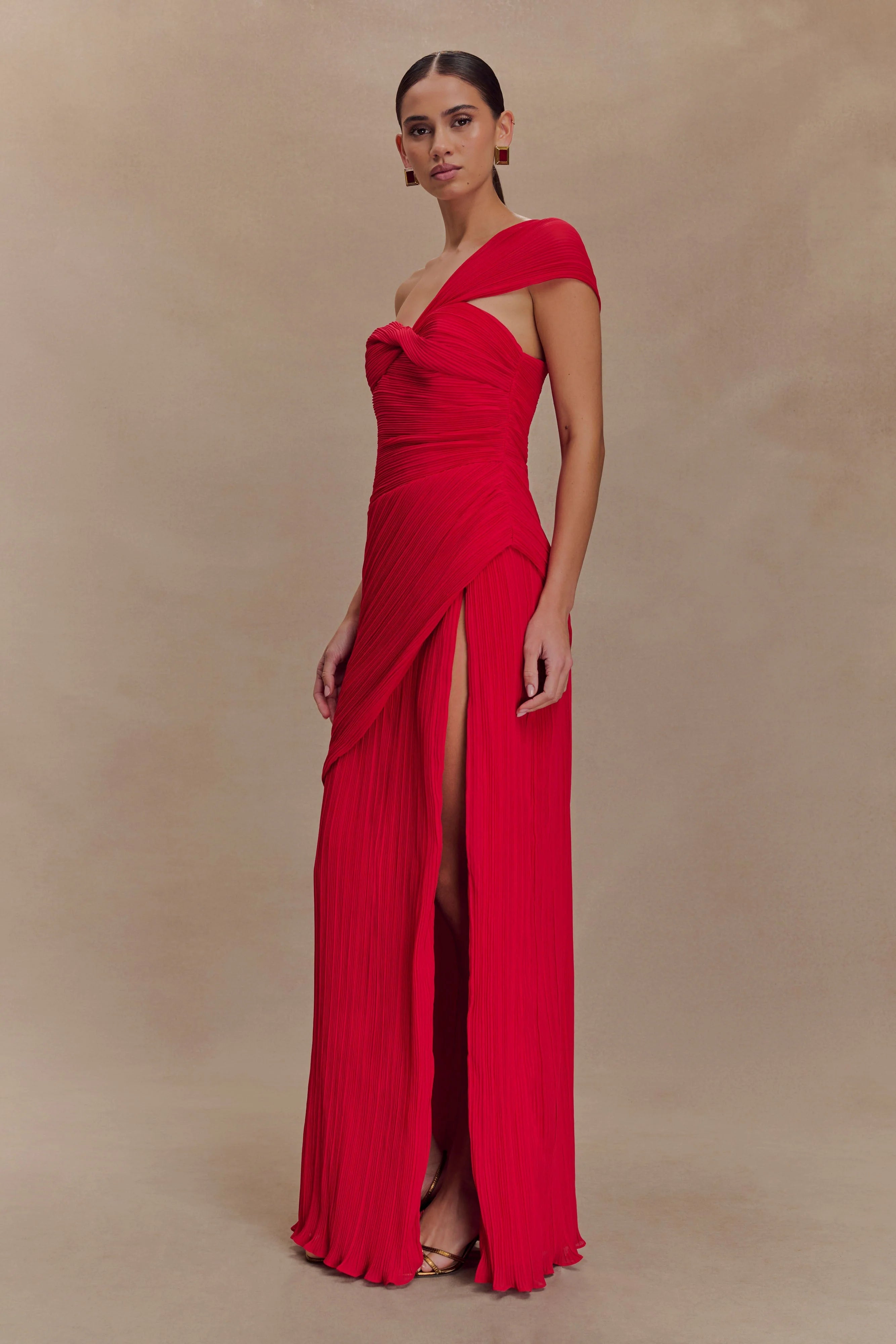 Tamara Shirred Chiffon Midi Dress - Red