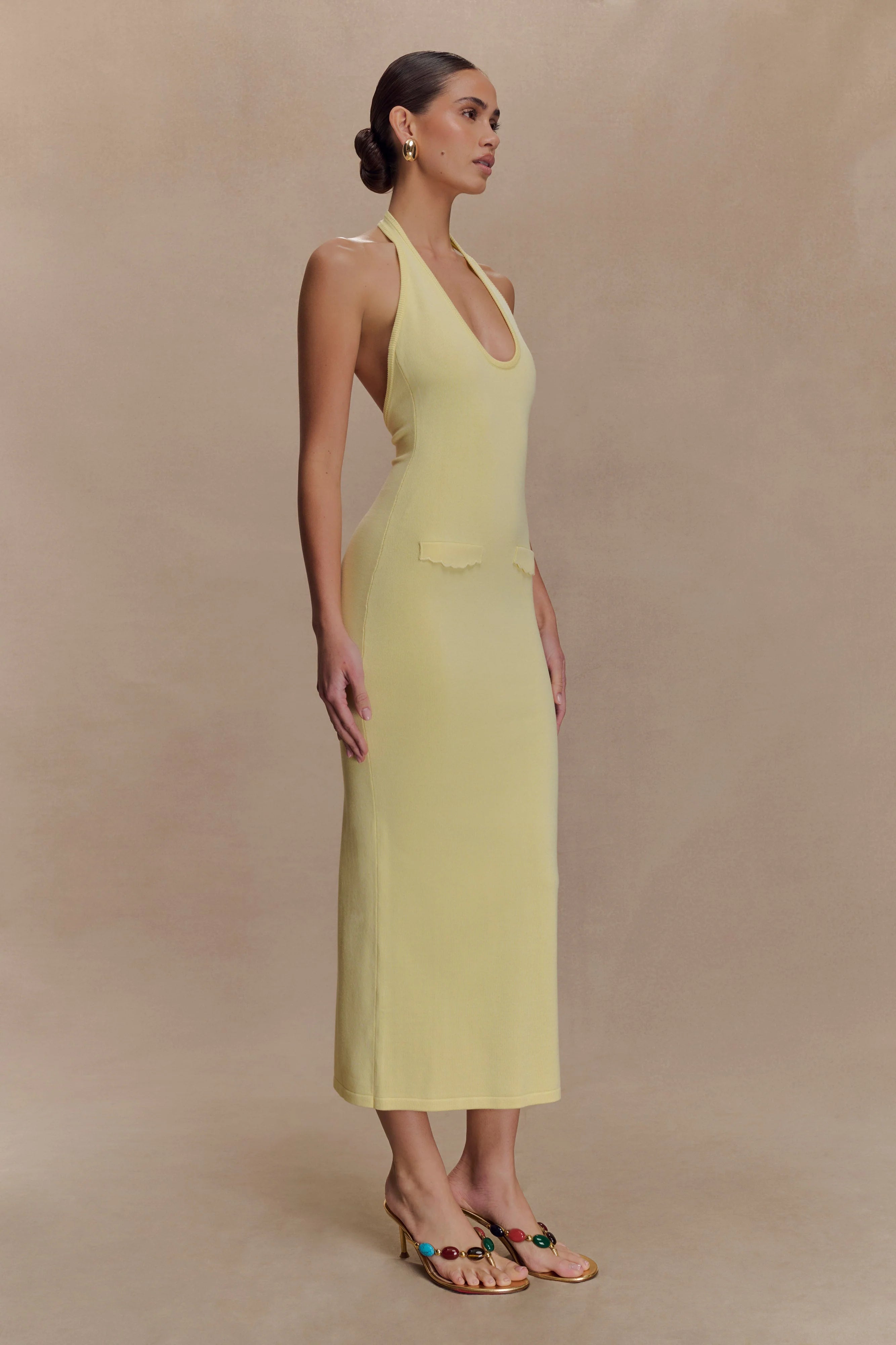 Ovina Halter Neck Knit Midi Dress - Lemon