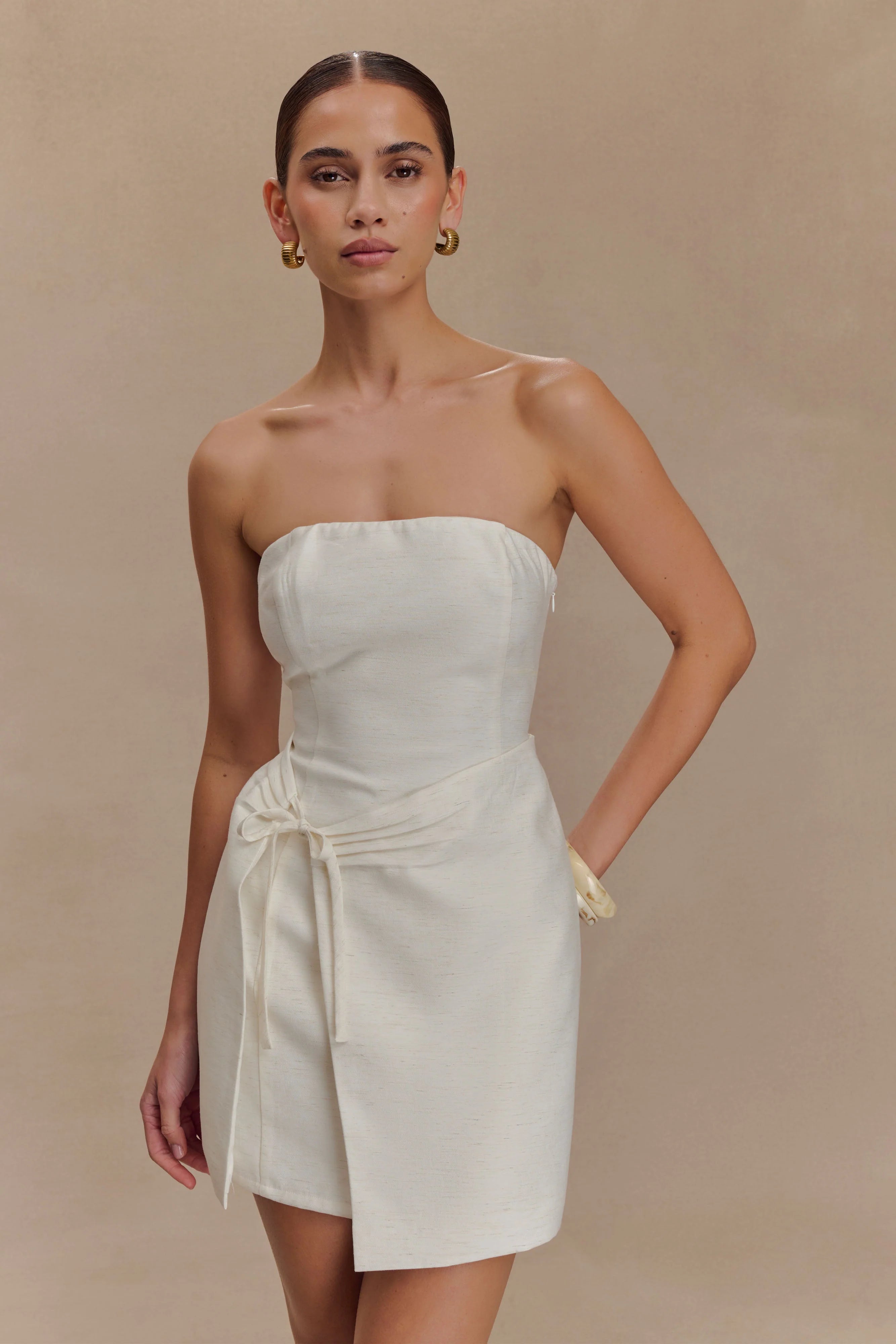Steph Strapless Linen Mini Dress - White