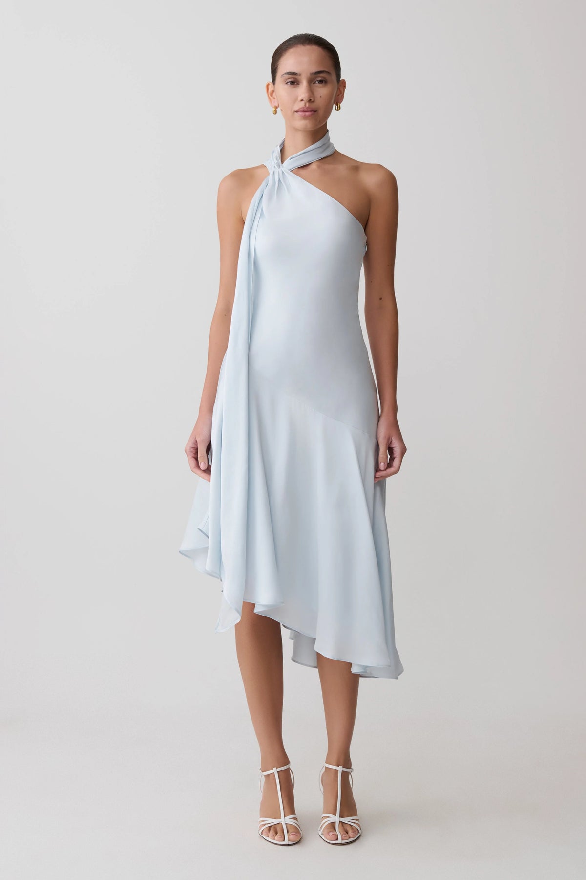 Evelina Halter Asymmetric Hem Midi Dress - Ice Blue
